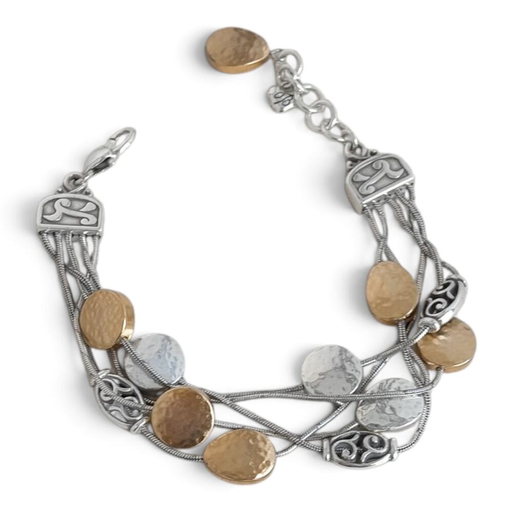 Brighton Mediterranean Bracelet Two Tone Silver Gold Hammered Multi Strand 8"